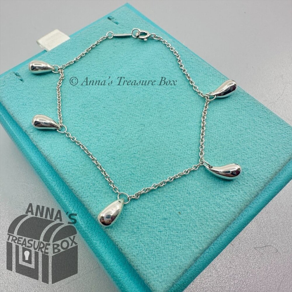 Tiffany & Co. 925 Silver Elsa Peretti 5 Teardrop Dangle Charm 7.5" Bracelet (pch
